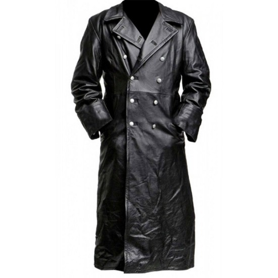 German Classic Officer WW2 Military Uniform Black Leather Trench Coat