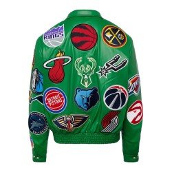 Green NBA Team Collage Leather Bomber Jacket