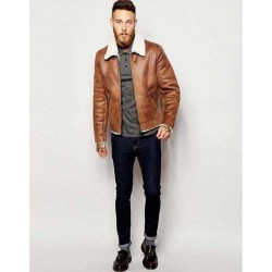 Men's Aviator Brown Leather Faux Shearling Jacket