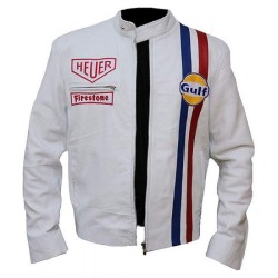Men's Steve McQueen Le Mans Gulf Racing White Leather Jacket