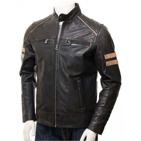 Mens Cafe Racer Striped Four Pockets Real Leather Biker Jacket Mens Cafe Racer Striped Four Pockets Real Leather Biker Jacket