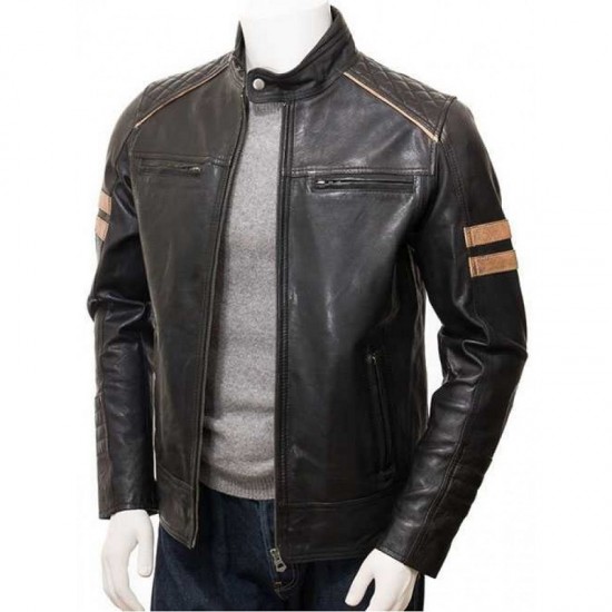 Mens Cafe Racer Striped Four Pockets Real Leather Biker Jacket Mens Cafe Racer Striped Four Pockets Real Leather Biker Jacket