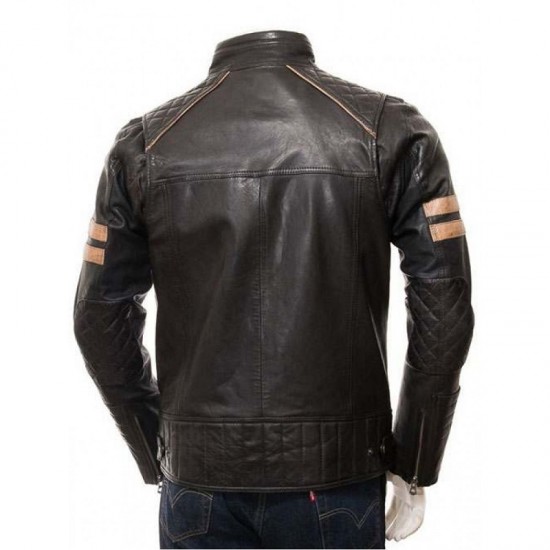 Mens Cafe Racer Striped Four Pockets Real Leather Biker Jacket Mens Cafe Racer Striped Four Pockets Real Leather Biker Jacket