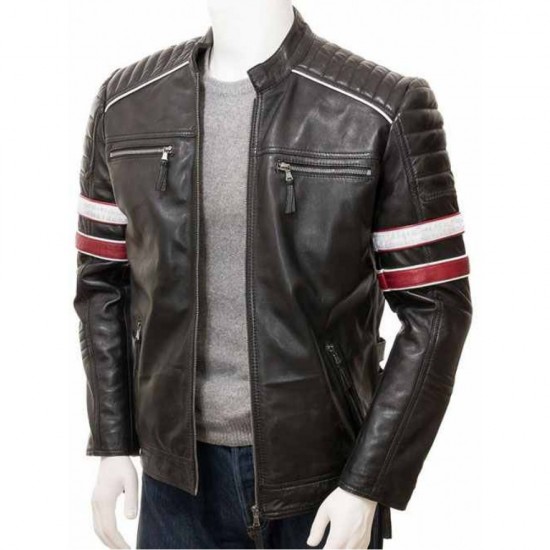 Mens Classic Racing Quilted Real Leather Biker Jacket Mens Classic Racing Quilted Real Leather Biker Jacket