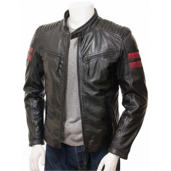 Mens Iconic Cafe Racer Sporty Red Trim Real Leather Biker Jacket Mens Iconic Cafe Racer Sporty Red Trim Real Leather Biker Jacket