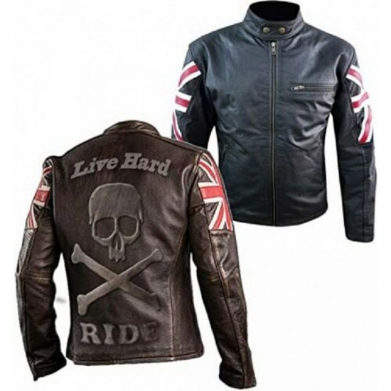 New Men's Biker Vintage Cafe Racer Leather Jacket with UK Flag and Embossed Skull New Men's Biker Vintage Cafe Racer Leather Jacket with UK Flag and Embossed Skull