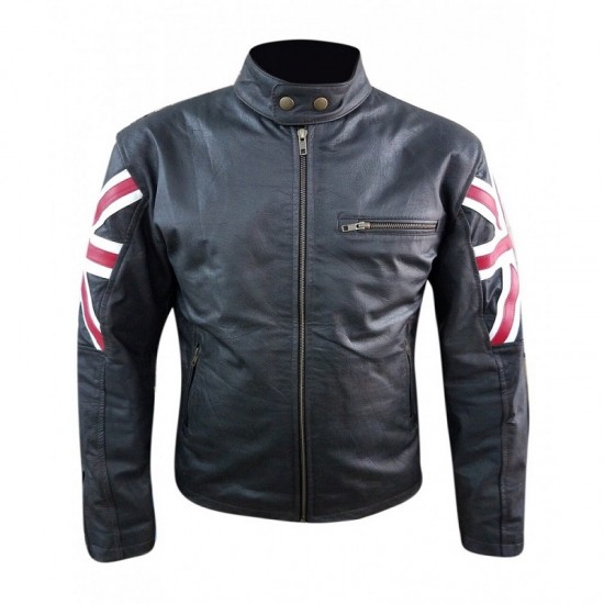 New Men's Biker Vintage Cafe Racer Leather Jacket with UK Flag and Embossed Skull New Men's Biker Vintage Cafe Racer Leather Jacket with UK Flag and Embossed Skull