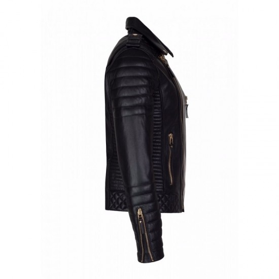New Men's Black Lambskin Quilted Slim Fit Motorcycle Leather Jacket New Men's Black Lambskin Quilted Slim Fit Motorcycle Leather Jacket