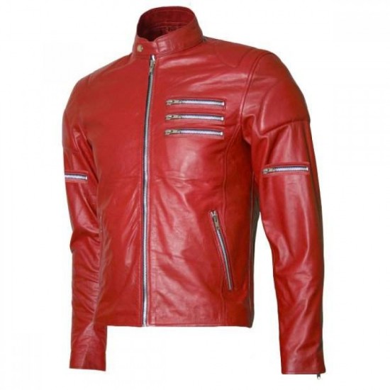 New Men's Silver Zipper Biker Red Leather Jacket New Men's Silver Zipper Biker Red Leather Jacket