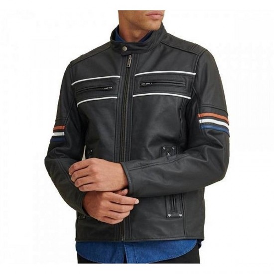 New Men's Tony Moto Multi Color Arm Stripe Leather Jacket New Men's Tony Moto Multi Color Arm Stripe Leather Jacket