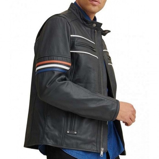 New Men's Tony Moto Multi Color Arm Stripe Leather Jacket New Men's Tony Moto Multi Color Arm Stripe Leather Jacket
